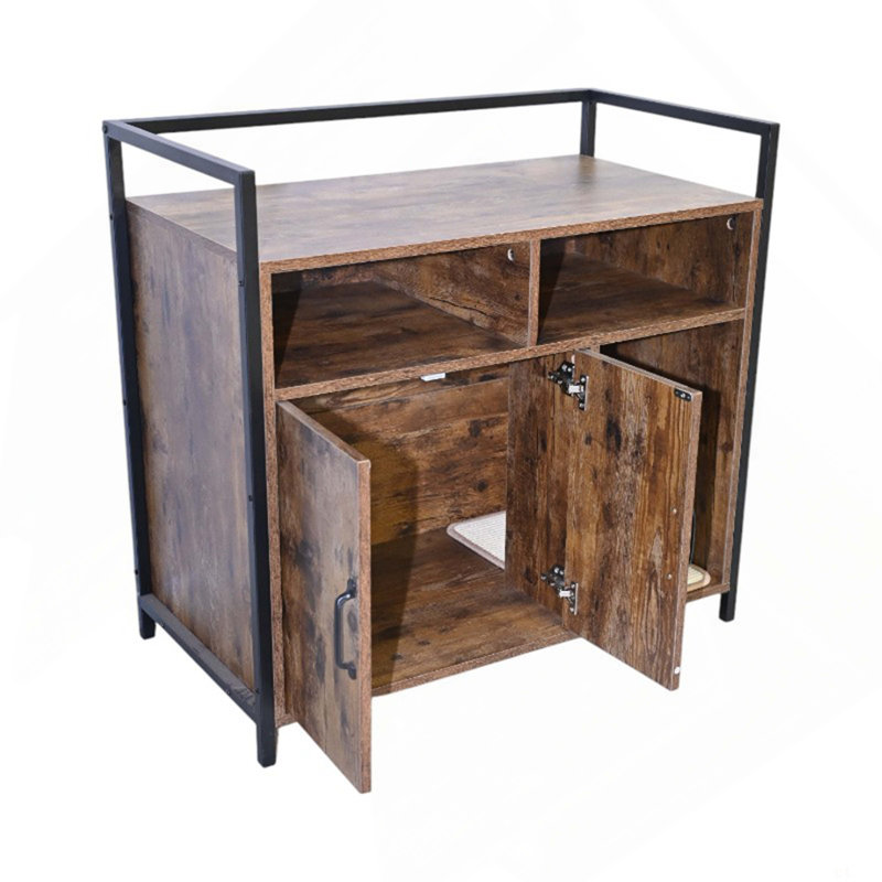 Enceinte de litière rustique en bois brun rustique, spacieuse litière cachée pour chat avec tapis à griffer pour chambre à coucher, salle de bain, salon - 31,9 po x 17,7 po x 31,4 po, 61 lb