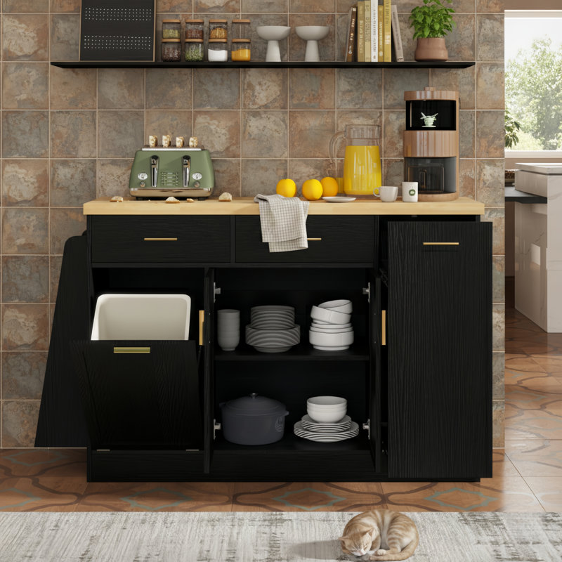 Buffet multifonctionnel pour îlot de cuisine avec armoire à porte coulissante, rangement pour poubelle et support à épices à 3 niveaux pour la salle à manger