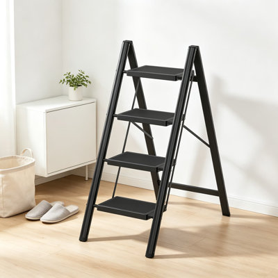 Escabeau pliant avec pédale large antidérapante, escabeau en acier robuste pour les adultes, la maison, le bureau et l'intérieur, conception portable peu encombrante, noir