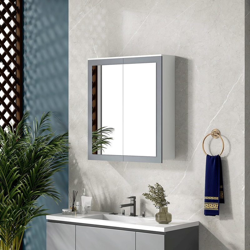Armoire à pharmacie avec miroir Kleankin, armoire de salle de bain murale avec miroir 27 po x 30 po, armoire de salle de bain murale avec rangement, portes doubles et 2 tablettes réglables, blanc
