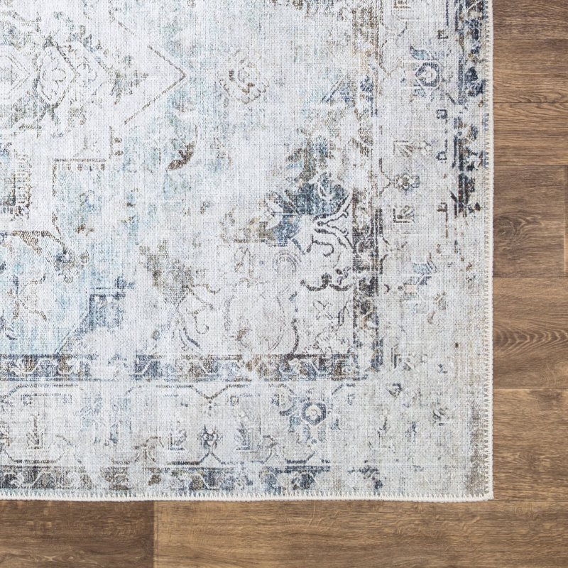 Washable Non-Slip Traditional Area Rug - Blue / Beige Rug for Entryway, Hallway, Bathroom, and Kitchen - Ferrante