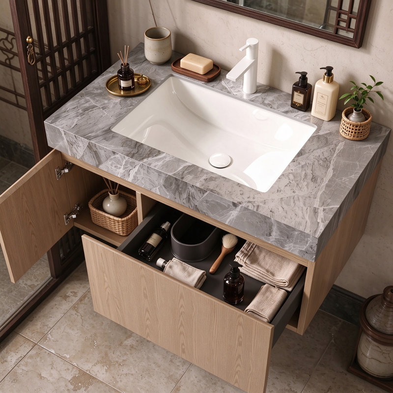 Meuble-lavabo mural simple 36 po avec surface solide 36 po, Marron clair