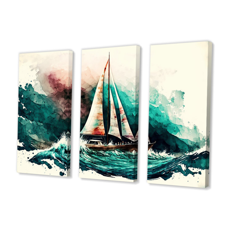 Aquarelle, voilier, croisières, vagues, impression sur toile - 3 pièces, H 20 po x l 36 po x P 1 po, Toile tendue