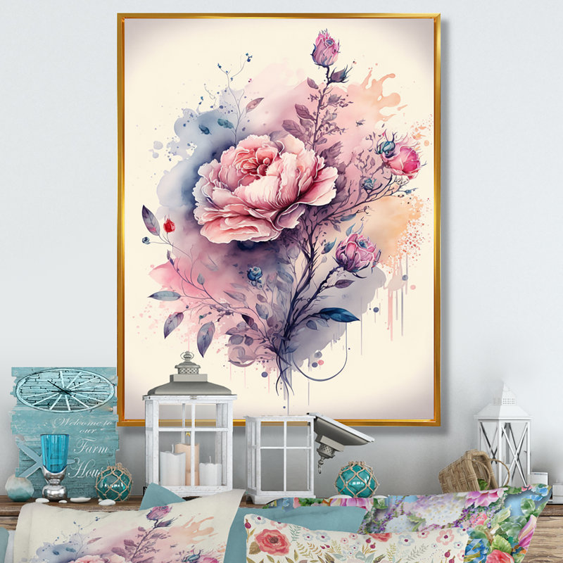 «Sharonda Pink and Purple Rose Design», reproduction sur toile, H 40 po x l 30 po x P 1,5 po, Toile avec cadre flottant or
