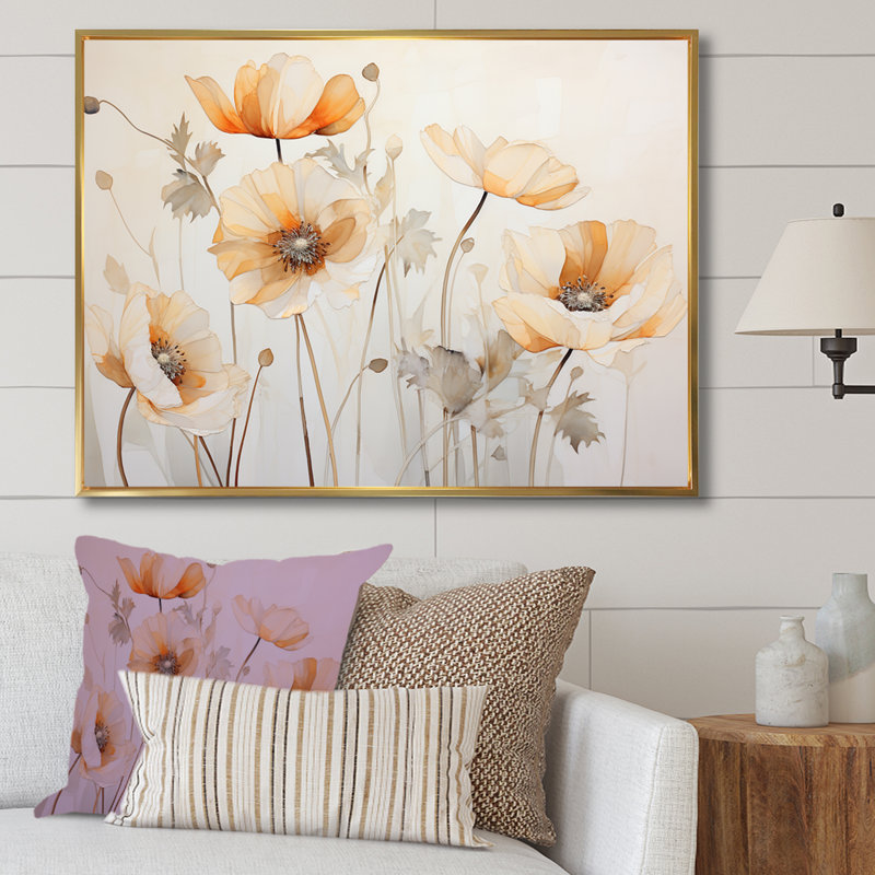 Beige Poppy Meadow Melody V, Cadre flottant doré, H 12 po x l 20 po x P 1 po