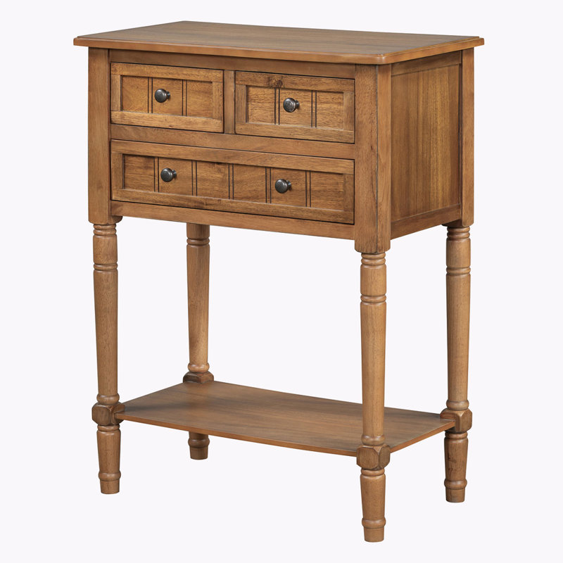 Narrow Console Table, Slim Sofa Table With Three Storage Drawers And Bottom Shelf, Natural