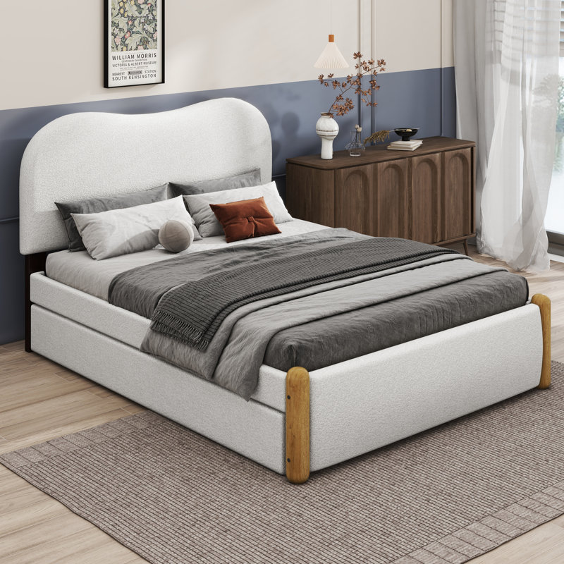 Lit plateforme double avec pieds en bois, Blanc, Double