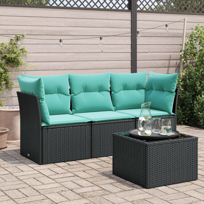  Ensemble de canapé de patio 4 pièces avec coussins en rotin de polyester brun, Bleu clair, Noir