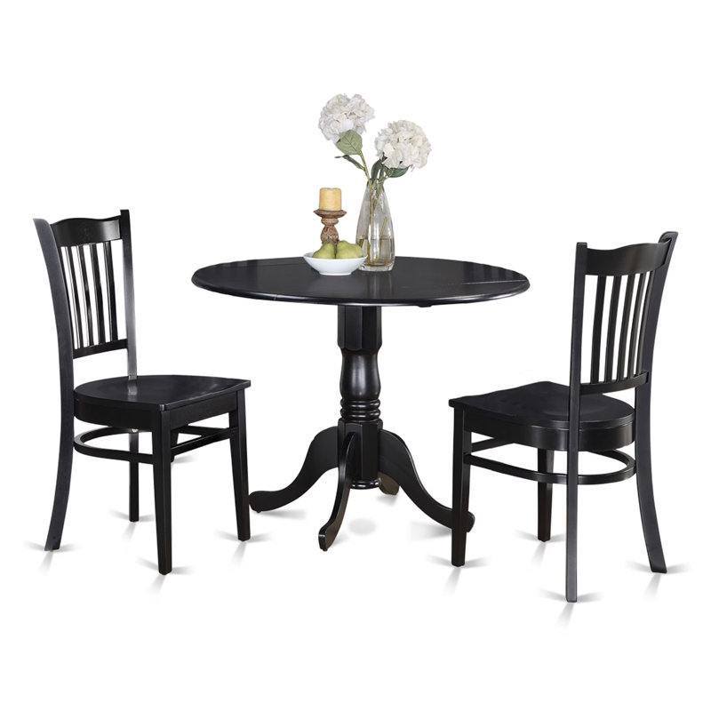 Ensemble de table de salle à manger 3 pièces pour petits espaces comprenant une table de salle à manger ronde avec Dropleaf et 2 chaises en bois, 42 po x 42 po, noir