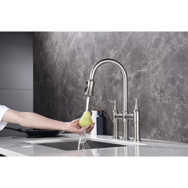 Robinet de cuisine Bridge avec douchette extractible encastrée, Nickel brossé