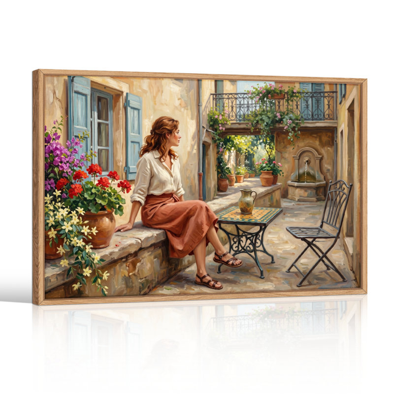 Ensemble de 1 tableau sur toile représentant une cour romantique, H 32 po x l 48 po, Naturel
