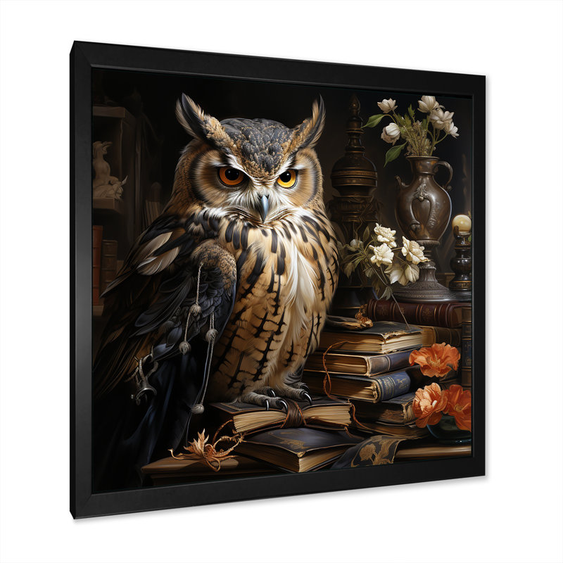 Art mural hibou brun de la Renaissance, Cadre simple noir, H 30 po x l 30 po x P 1,5 po