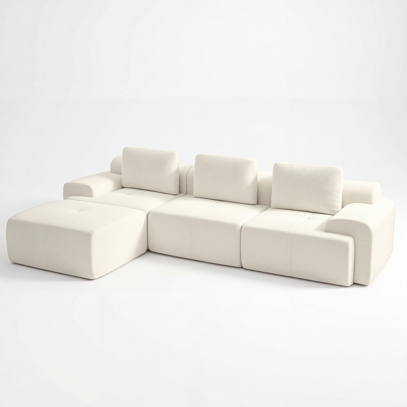 122" Wide Sectional Compression Sofa With Modular Seating Plush Cushions & Ottoman, Cream Polyester