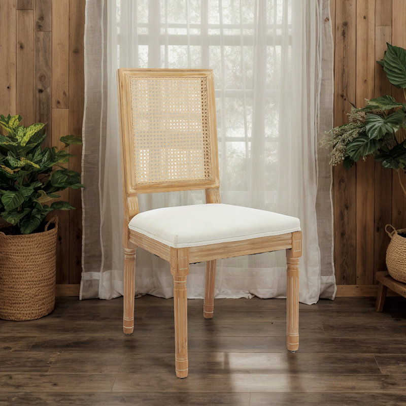 Elegant Louis XVI Dining Chairs With Rattan Back (Set Of 2) - Upholstered Linen Seats,Solid Wood Frame, Antique Finish, Rattan Backrest