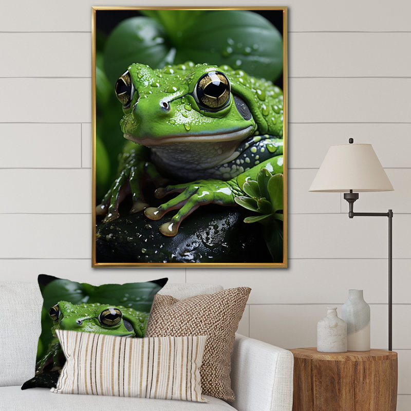 Green Frog Portrait, reproduction d'art sur toile, H 20 po x l 12 po x P 1 po, Encadrement doré