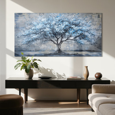 Tree of Life Wall Art, Large Blue Abstract Tree Canvas Print, Modern Nature Decor for Living Room, Bedroom, 29"X57"