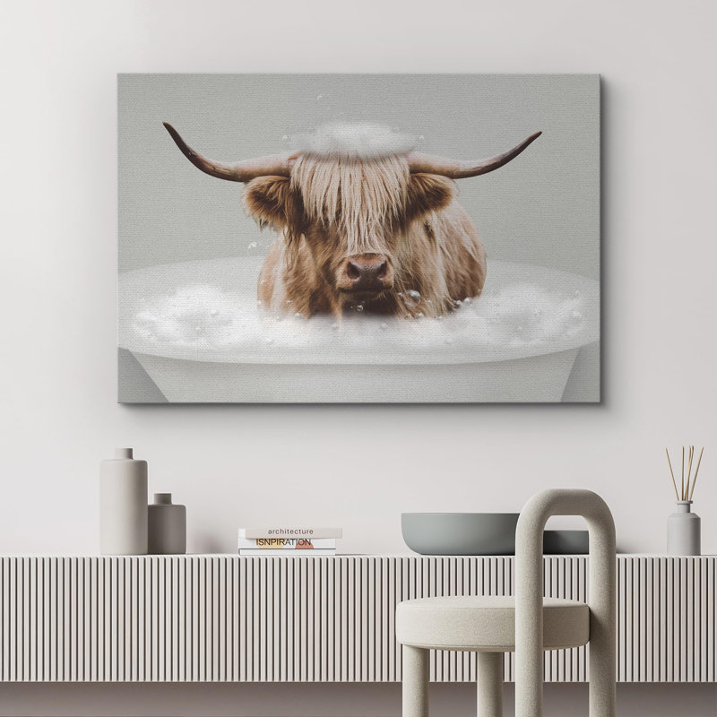 Cow " Funny Bathroom Decor Shetland Cow ", 24" H x 36" W, Wrapped Canvas, No Frame