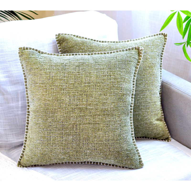 Olive Green Chenille Square Throw Pillow Covers with Stitched Edge, Set of 2