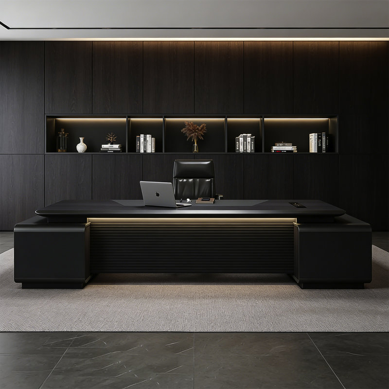 Bureau de direction en L gris clair luxueux moderne en forme de L avec prises de courant intégrées et tiroirs à verrouillage numérique par mot de passe