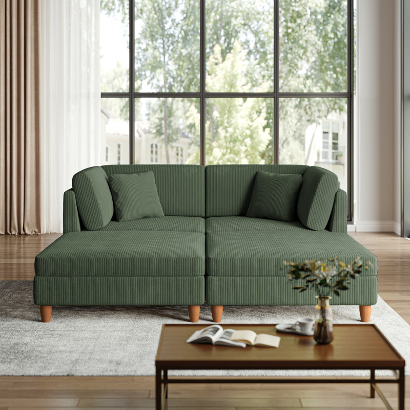 Seemab 4 - Piece Upholstered Green Corduroy Modular Sectional with Pillow Back and Removable Ottoman, Green