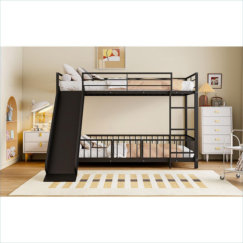 Kids Twin Over Twin Size Platform Bunk Bed, Classic Black Metal Frame with Slide and Guardrails for Bedrooms, Twin