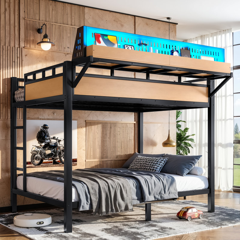 Lit superposé en métal avec tablettes de rangement, panneau perforé, ports USB et lumières DEL pour une économie d'espace et de vie moderne