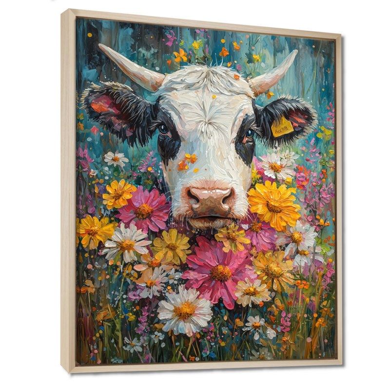 «Downall Cow Daisies With Hibiscus I», art mural grande vache, H 44 po x l 34 po, Reproduction avec cadre flottant