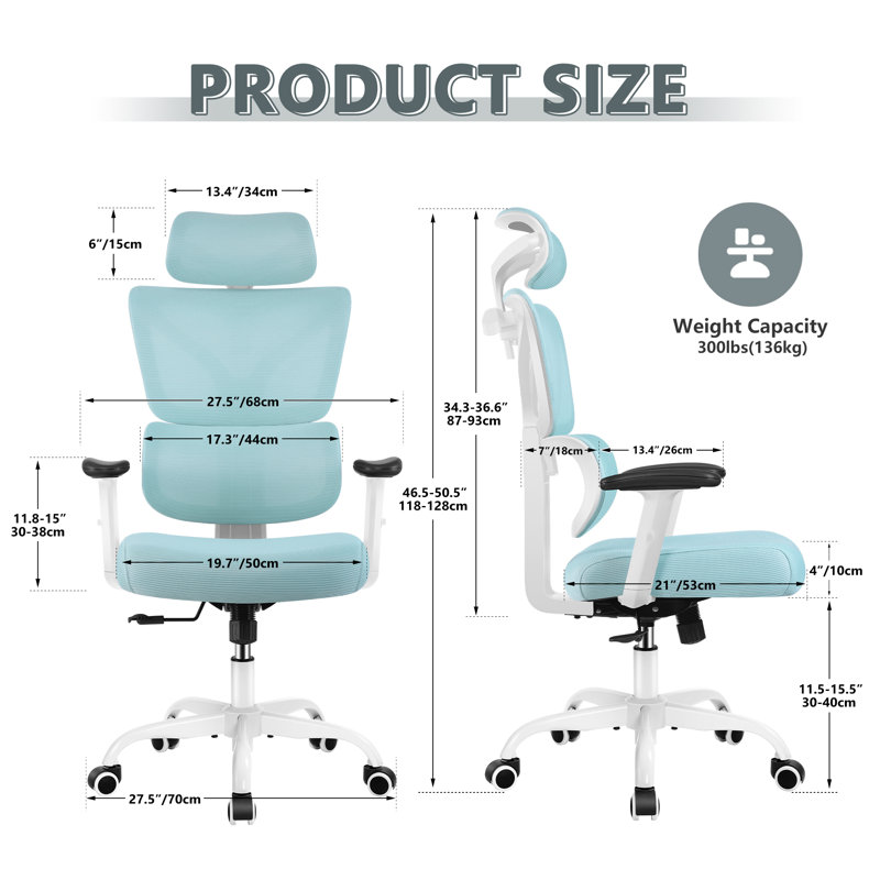 Chaise de travail ergonomique en filet avec appui-tête et repose-pieds Baram, Avec repose-tête, Bleu clair