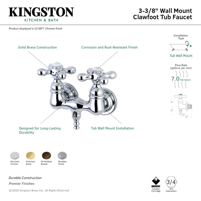 Robinet de baignoire mural 2 trous Kingston, Chrome poli
