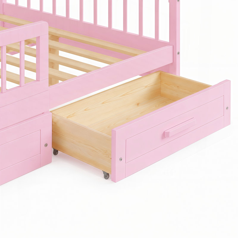 Structure de lit simple pour enfant avec 2 tiroirs de rangement sous le lit, Rose