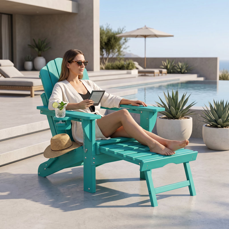 Chaises berçantes pliables en PEHD Adirondack avec repose-pieds rétractable, Lake Blue