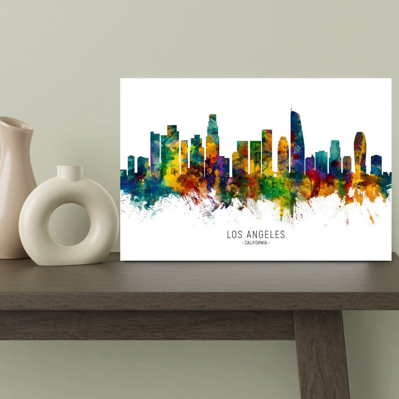 Los Angeles, aquarelle, horizon, architecture contemporaine, art mural, H 12 po x l 18 po