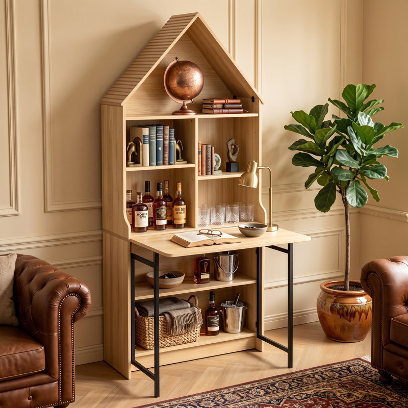 Bureau d'artisanat pliable 31,5 "avec tablettes de rangement, bibliothèque convertible et cachette, bois naturel
