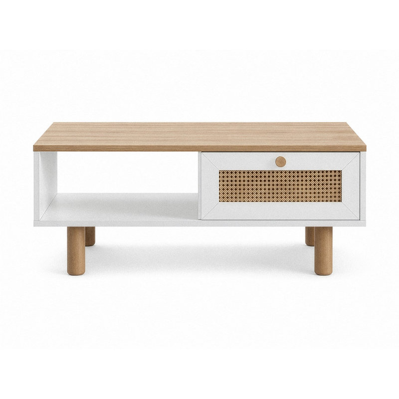 Modern Scandinavian Coffee Table with Additional Storage, White and Oak Finish, 39.4 x 17.7 x 17.7 Inches | 100% Melamine Coated Chipboard, Hornbeam Wood Legs & Handles, Soft-Close Doors, Stylish and Functional Design