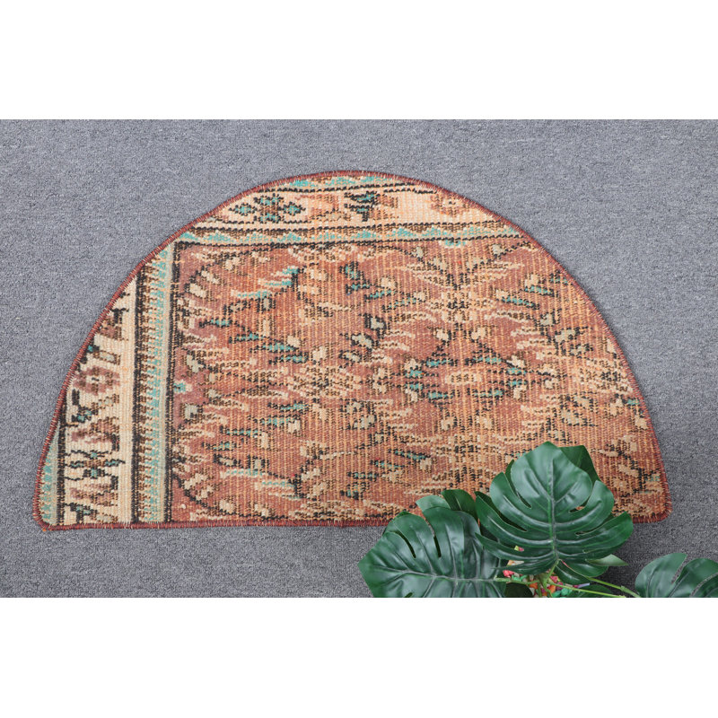 Small Vintage Round Turkish-Inspired Anatolian Rug Ideal for Bathroom Decor in Rich Shade of Brown
