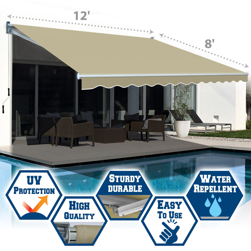 12' x 8' Manual Retractable Home Patio Awning UV Protection Canopy Sunshade, Beige, 5.5" H x 141.7" W x 98" D
