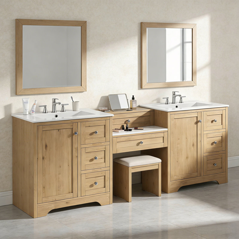 Meuble-lavabo double avec 6 tiroirs, Naturel