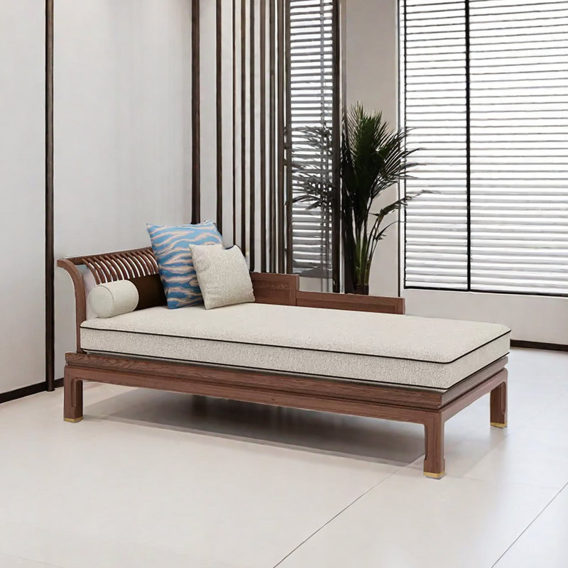Chaise longue rembourrée en bois massif chinois, Chaise longue à accoudoir gauche