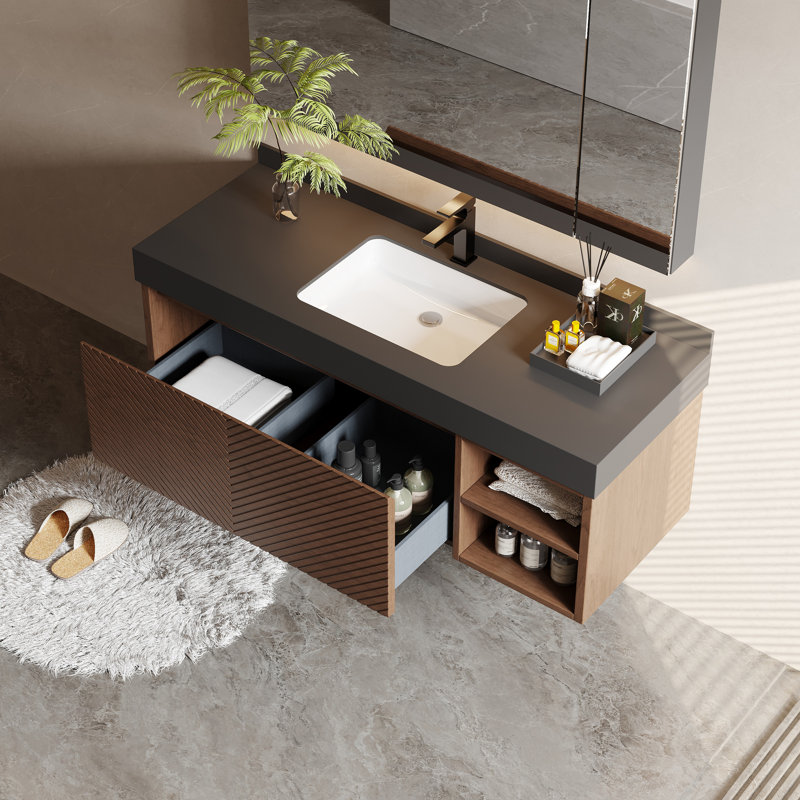 48" Modern Floading Single Bathroom Vanities, Brown Solid Wood, Black Stone Table top, 2 Drawers