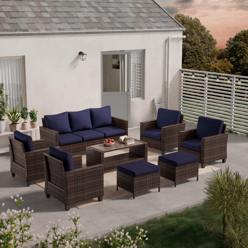 Delreal Wicker 7 - Person Patio Conversation Set with Cushions, Brown, Navy Blue