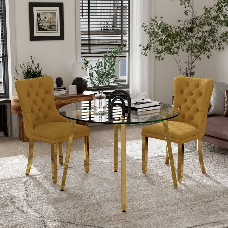 Ensemble de table de salle à manger ronde en verre, Jaune, Doré, 3