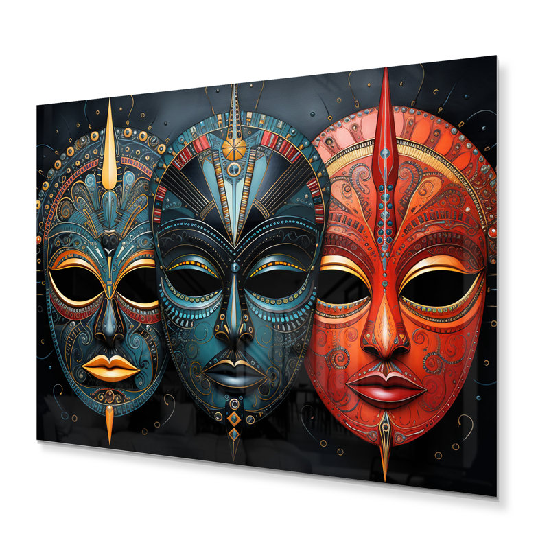 Décoration murale en métal «Red African Masks III» - Tribus d'Afrique, H 30 po x l 40 po