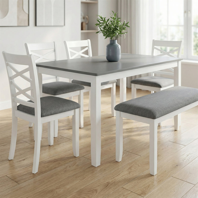 Ensemble de table de salle à manger 6 places en bois massif (avec banc), adapté aux salles à manger et aux cuisines