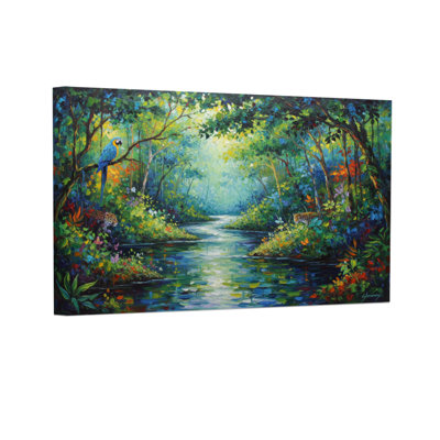Paysage et nature, rivière tropicale, forêt, oiseaux, scène naturelle, toile