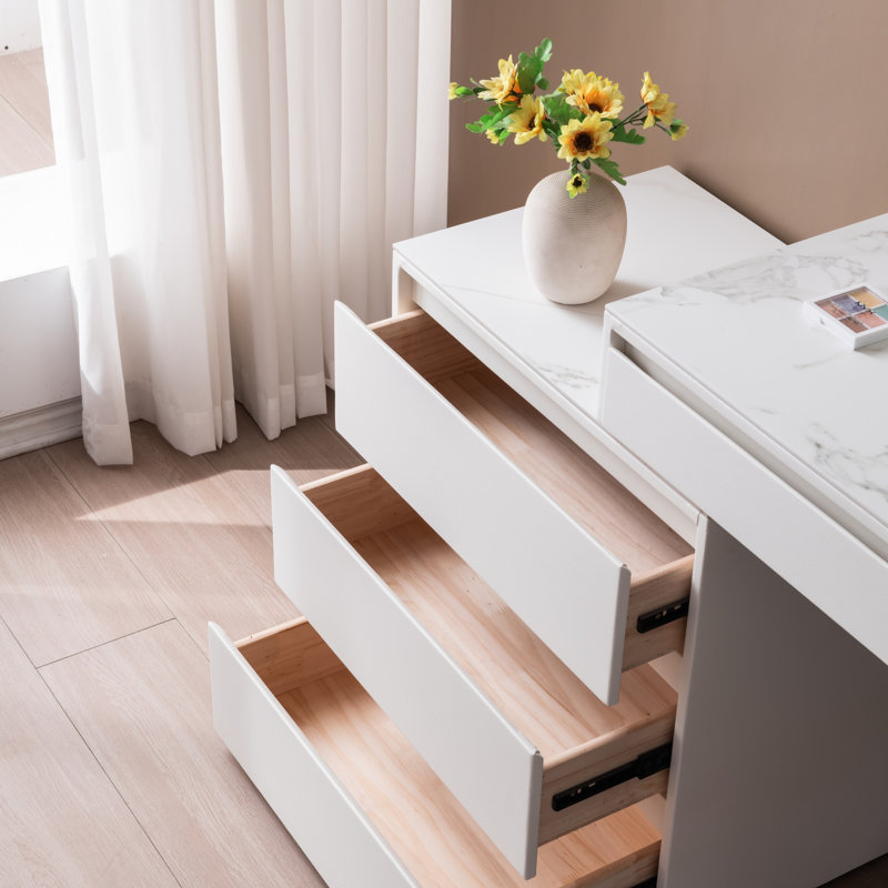 Table de maquillage et meubles-lavabos minimaliste moderne scandinave, 5 tiroirs, avec miroir et tabouret.