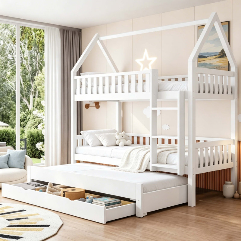 Lit superposé simple au-dessus de simple avec garde-corps, lit gigogne et 3 tiroirs de rangement, cadre de lit superposé en bois massif blanc pour enfants avec échelle pour la chambre à coucher