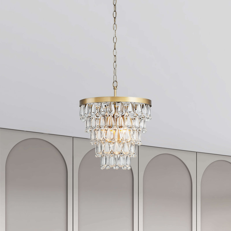 Kabresha 4 - Light 14“ Crystal Teardrop Tiered Round Chandelier, Brushed Brass