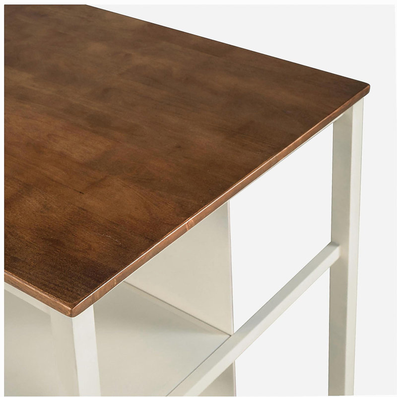 Îlot de cuisine fixe en bois massif de 45 pouces de style champêtre, îlot de salle à manger en bois d'hévéa, avec 2 tablettes ouvertes, noyer et blanc crème