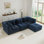 Canapé modulaire moderne pour le salon, tissu en velours côtelé, canapé 3 places avec assise profonde et repose-pieds mobile, passepoil perlé, conception capitonnée, sans assemblage, conception antidérapante, bleu