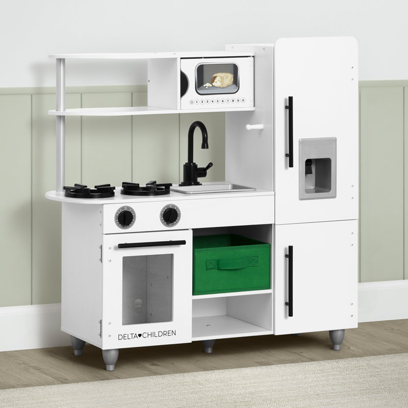 White Wooden Modern Toy Kitchen Playset with Realistic Knobs